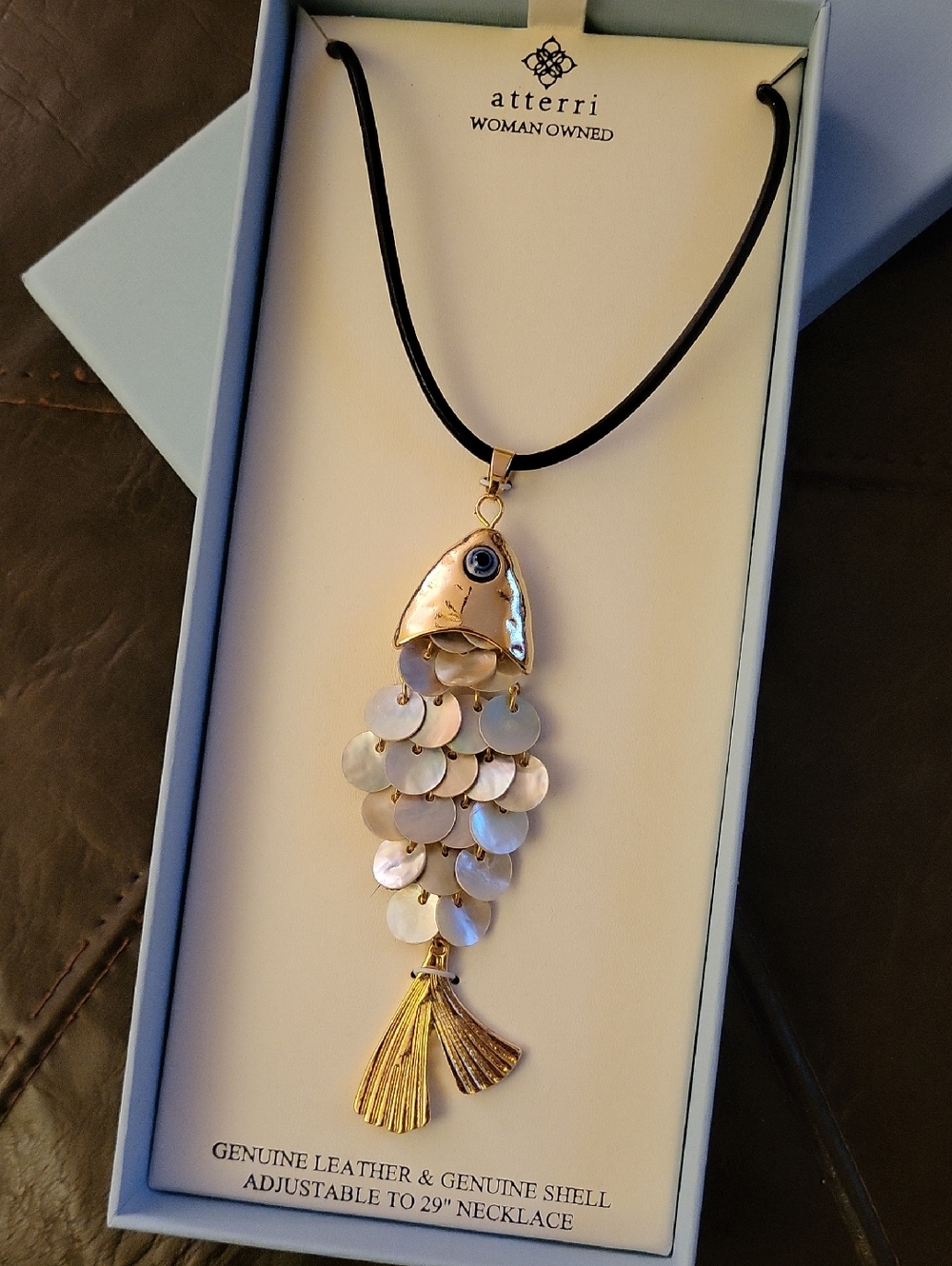 Atterri Fish Gold Tone Shell Scales Pendant Necklace in Iridescent White